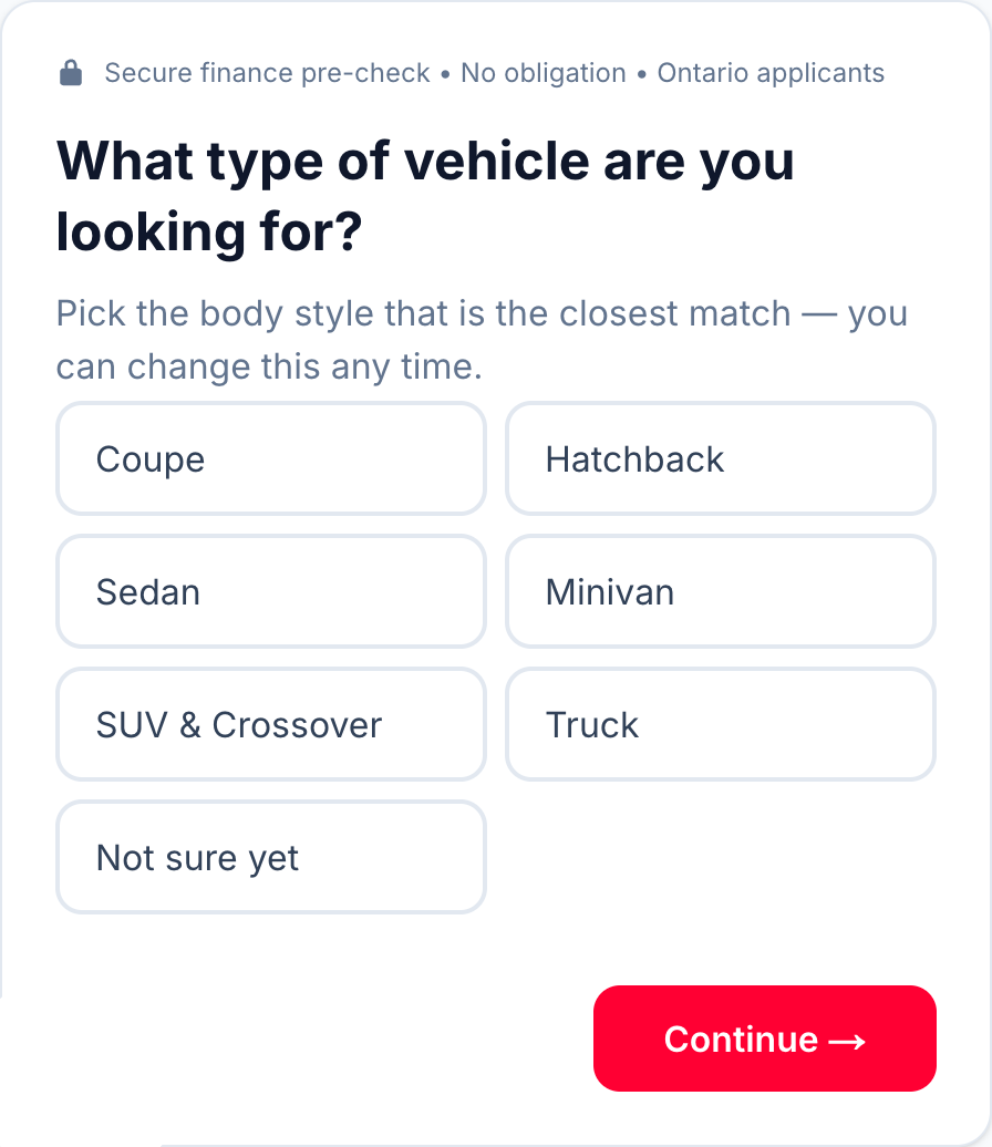 The first step of the pre-check form, asking what type of vehicle you're looking for